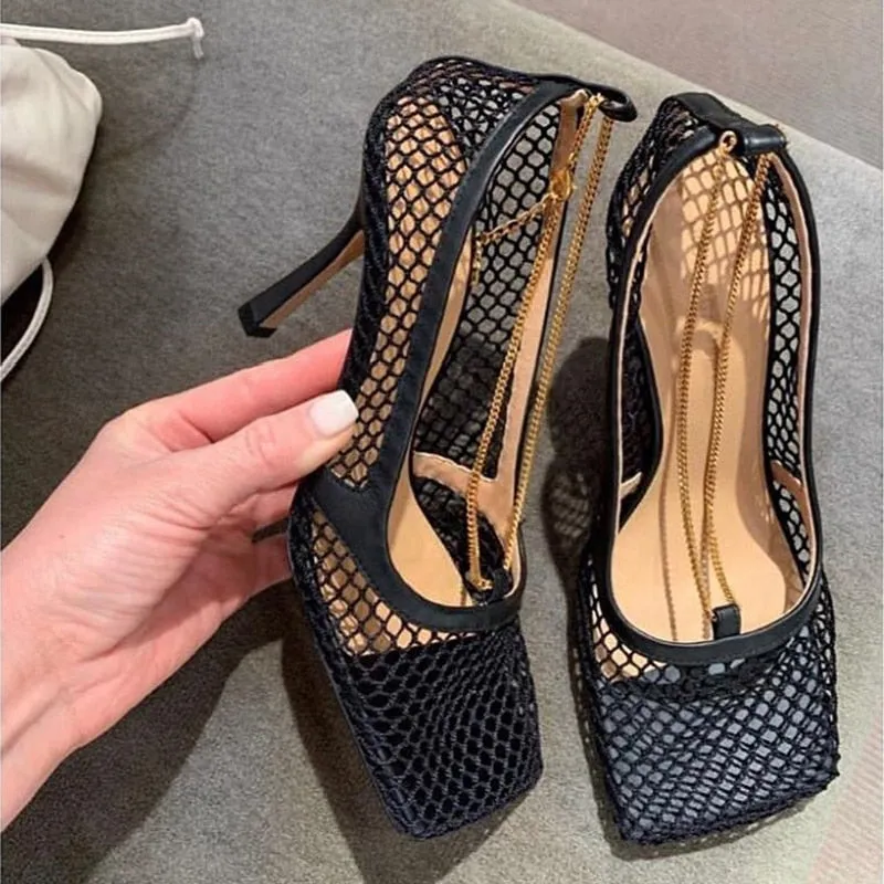 Square Toe Shallow Mesh Hollow Out Chains Sandals