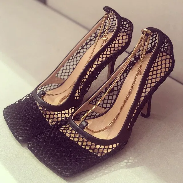 Square Toe Shallow Mesh Hollow Out Chains Sandals