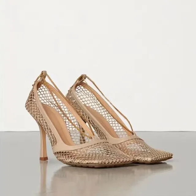 Square Toe Shallow Mesh Hollow Out Chains Sandals