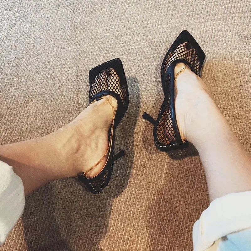 Square Toe Shallow Mesh Hollow Out Chains Sandals