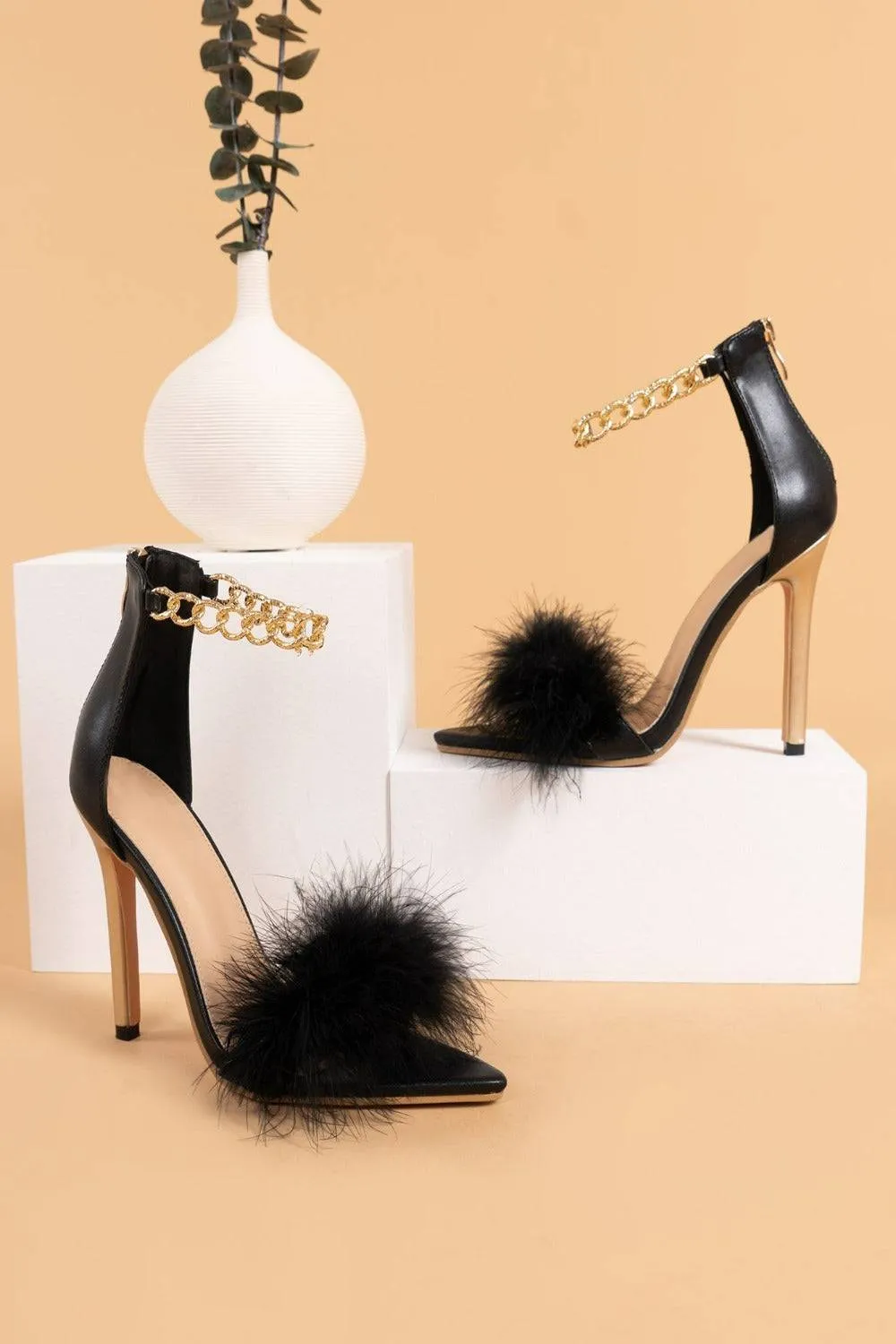 Stiletto High Heel Sandals Gold Chain Fluffy Fur Shoes