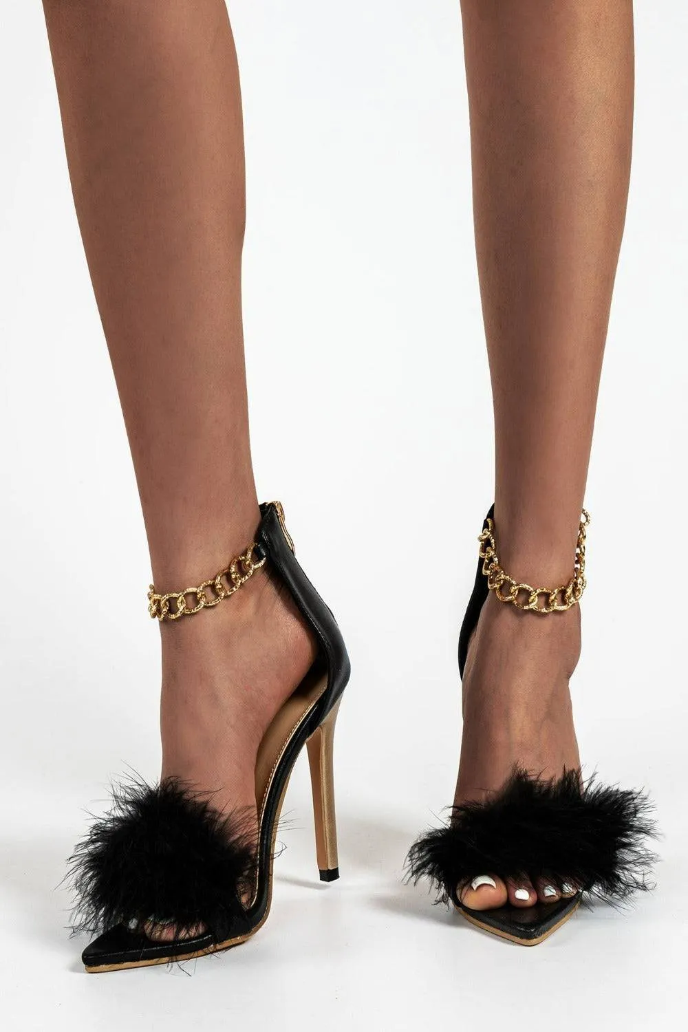Stiletto High Heel Sandals Gold Chain Fluffy Fur Shoes