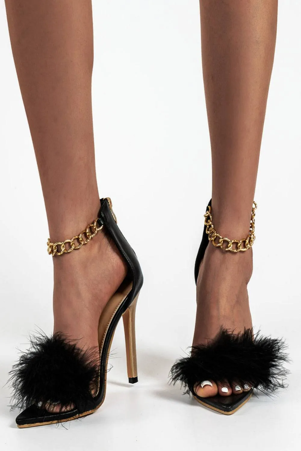 Stiletto High Heel Sandals Gold Chain Fluffy Fur Shoes