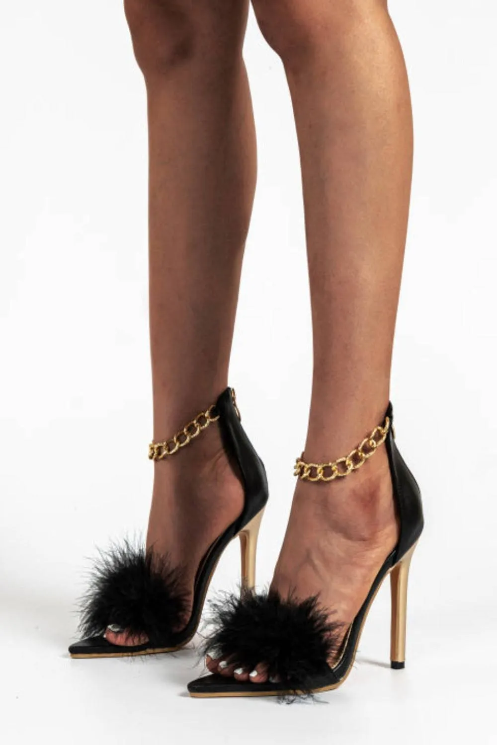Stiletto High Heel Sandals Gold Chain Fluffy Fur Shoes