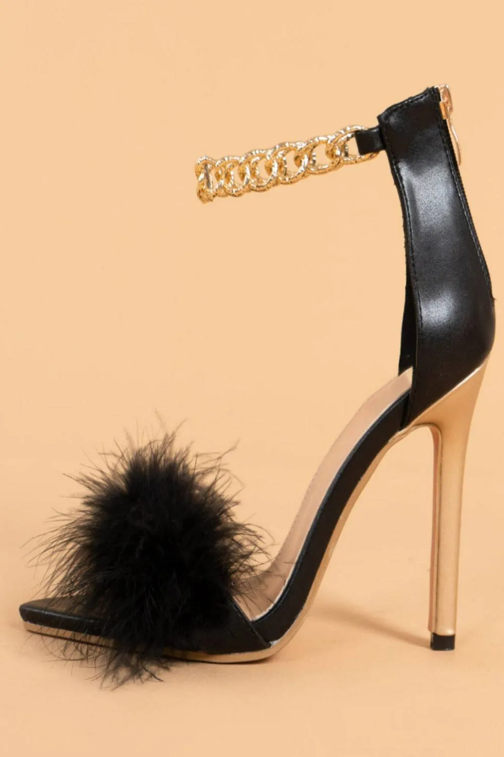 Stiletto High Heel Sandals Gold Chain Fluffy Fur Shoes