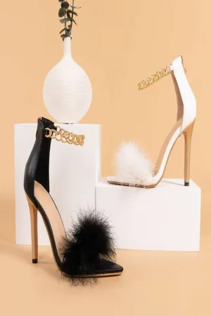 Stiletto High Heel Sandals Gold Chain Fluffy Fur Shoes