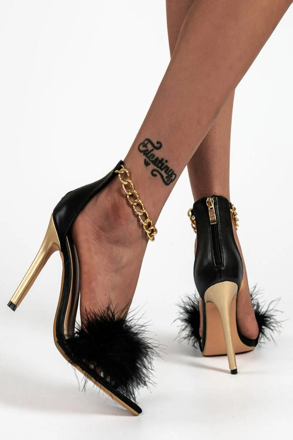 Stiletto High Heel Sandals Gold Chain Fluffy Fur Shoes