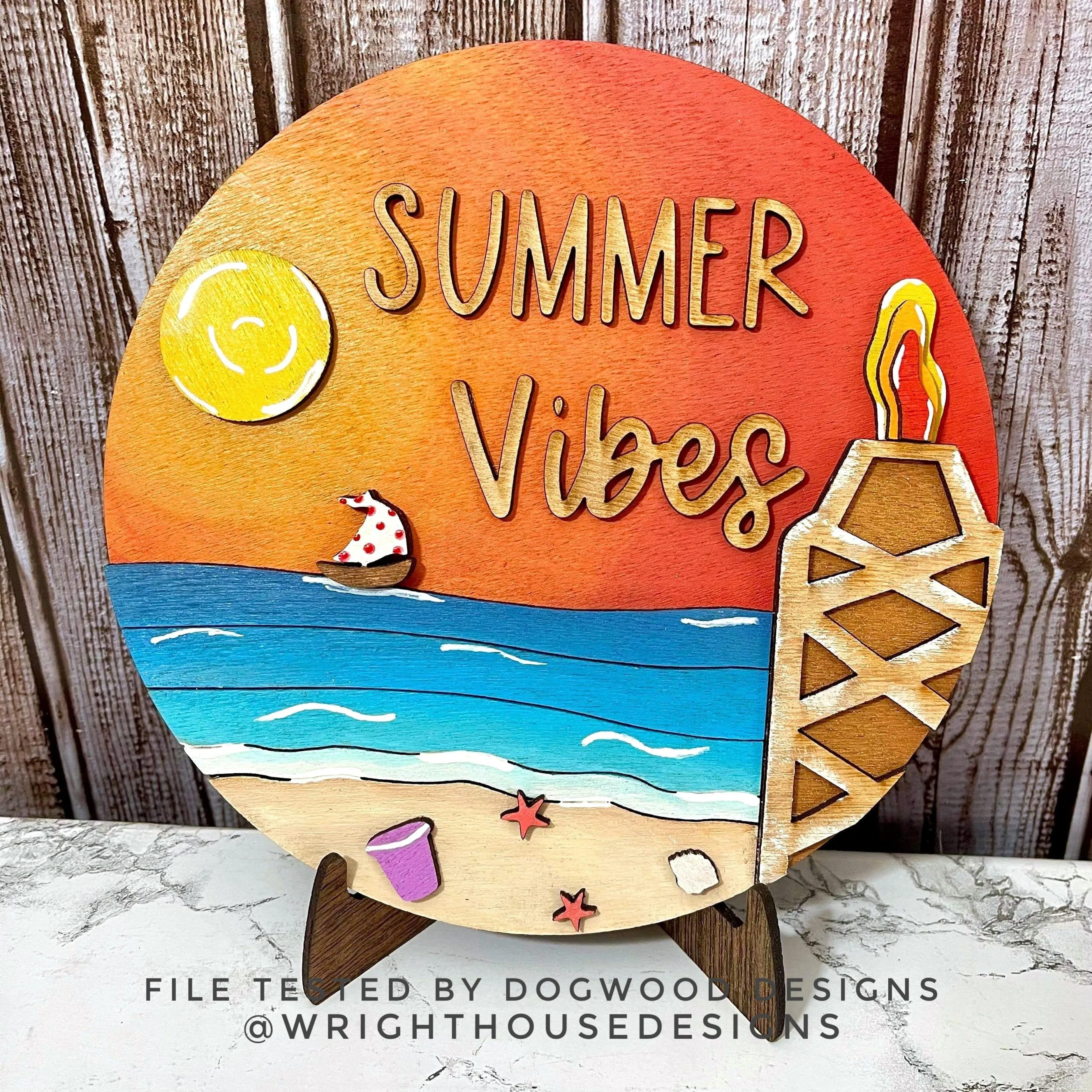 Summer Vibes Tiki Bonfire Beach Door Hanger Round - Sign Making and DIY Kits - Cut File For Glowforge Lasers - Digital SVG File