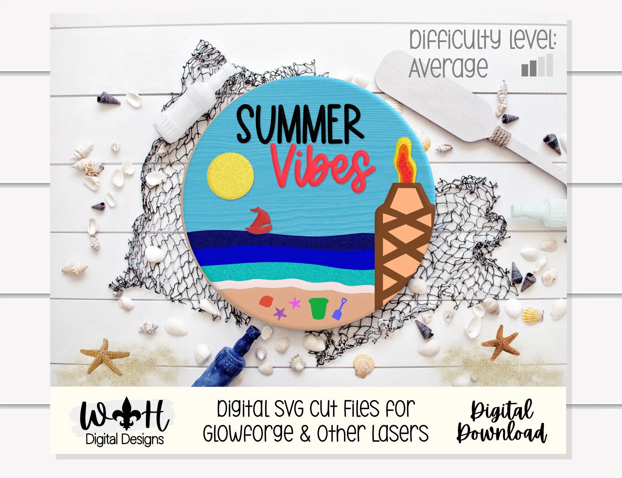 Summer Vibes Tiki Bonfire Beach Door Hanger Round - Sign Making and DIY Kits - Cut File For Glowforge Lasers - Digital SVG File