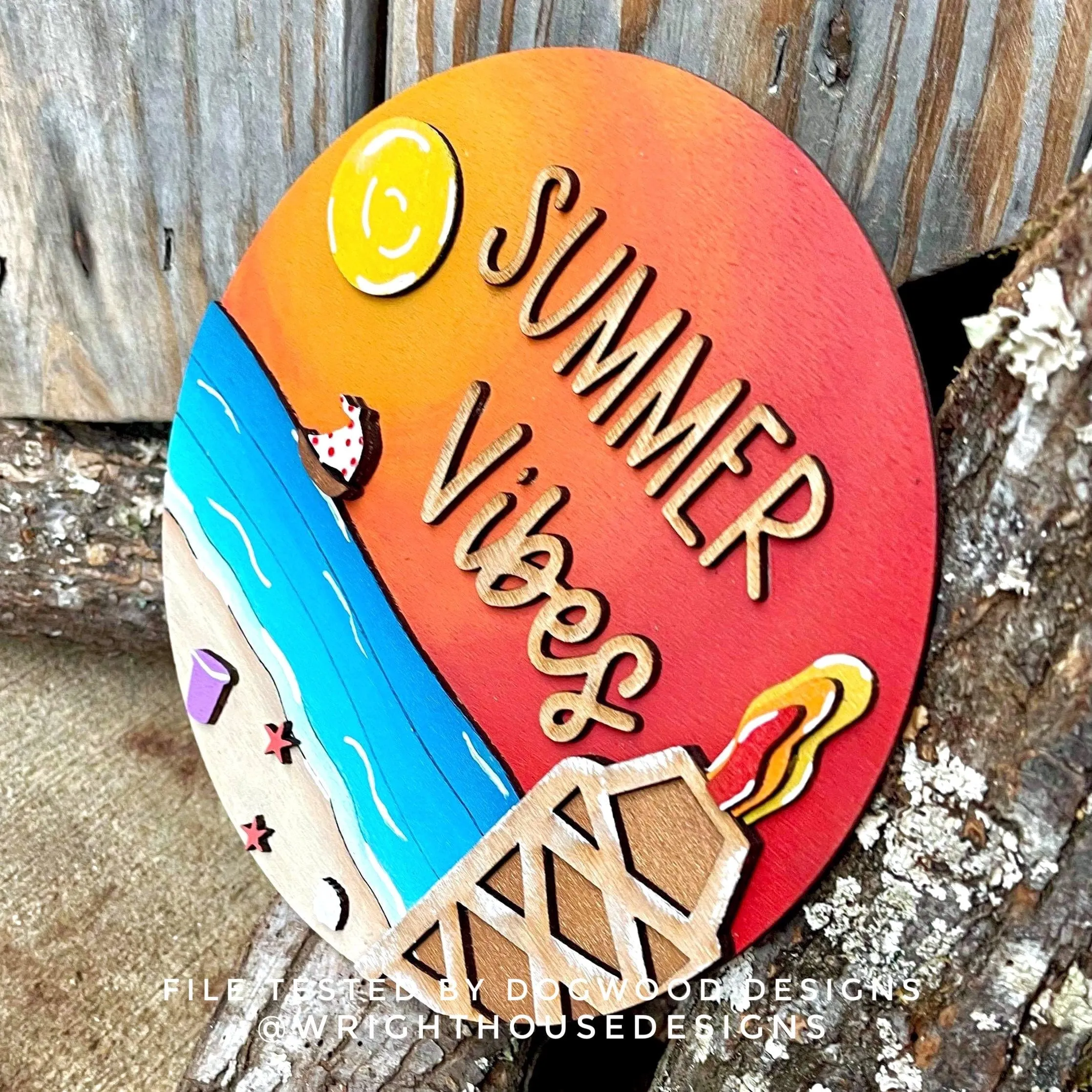 Summer Vibes Tiki Bonfire Beach Door Hanger Round - Sign Making and DIY Kits - Cut File For Glowforge Lasers - Digital SVG File