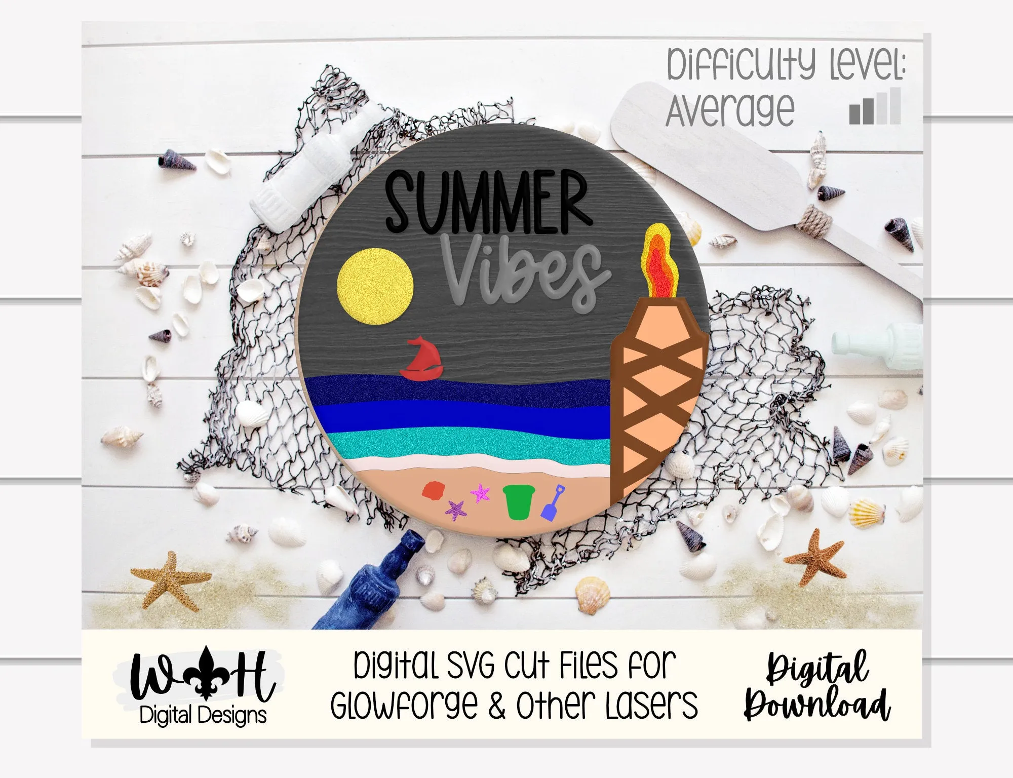 Summer Vibes Tiki Bonfire Beach Door Hanger Round - Sign Making and DIY Kits - Cut File For Glowforge Lasers - Digital SVG File