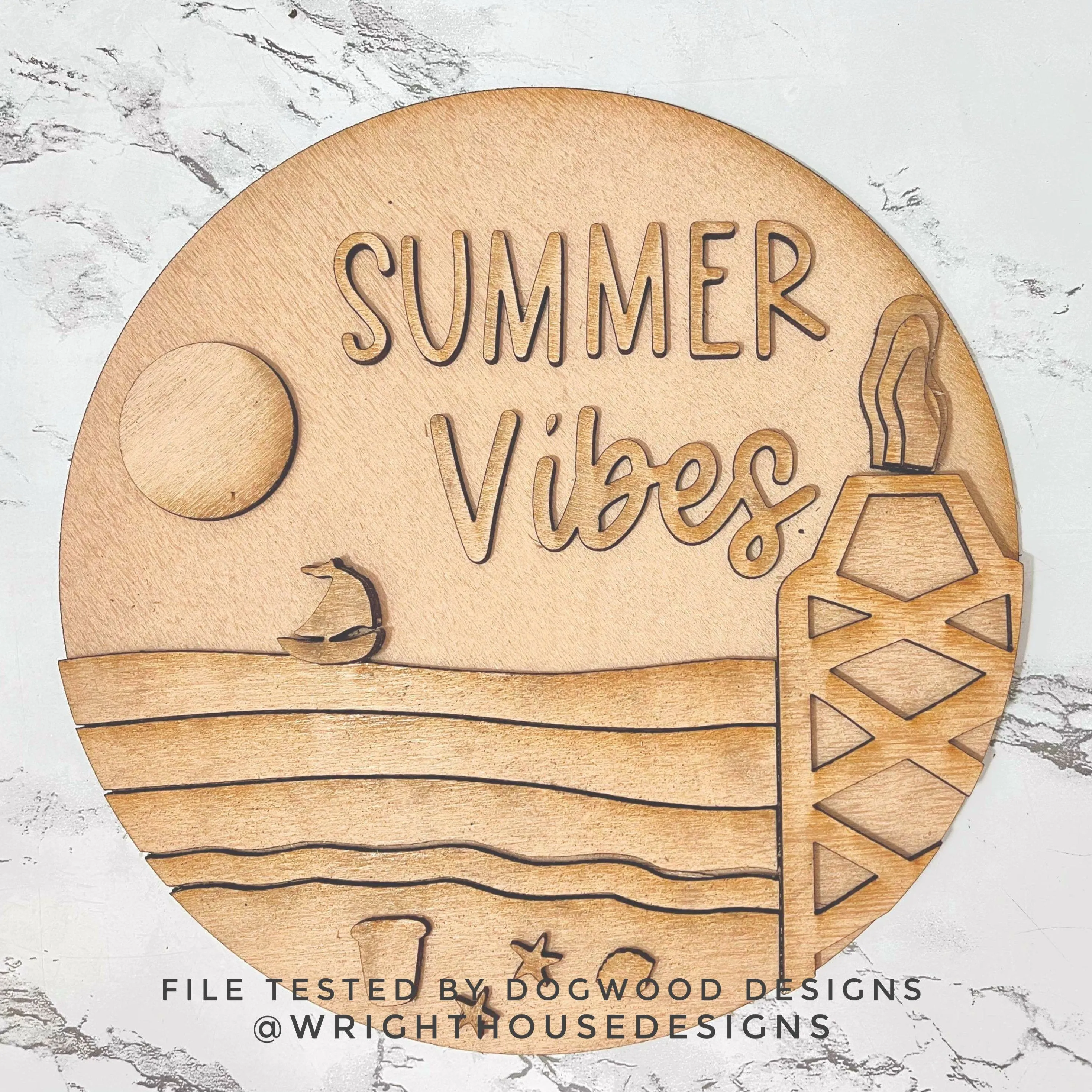 Summer Vibes Tiki Bonfire Beach Door Hanger Round - Sign Making and DIY Kits - Cut File For Glowforge Lasers - Digital SVG File