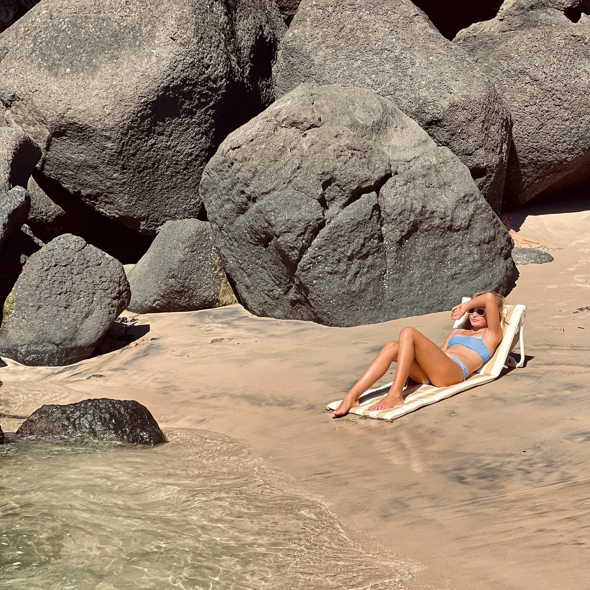 SUNNYLife Reclining Beach Chair Mango Bay Golden Mustard Stripe