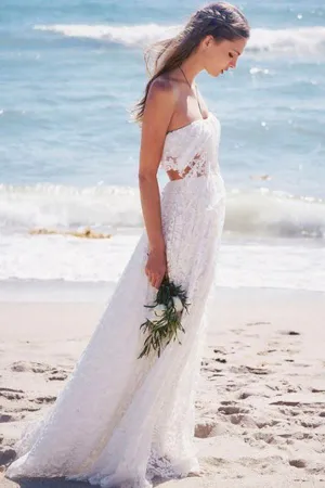 Sweetheart Strapless Lace Long Beach Wedding  Dress WD130
