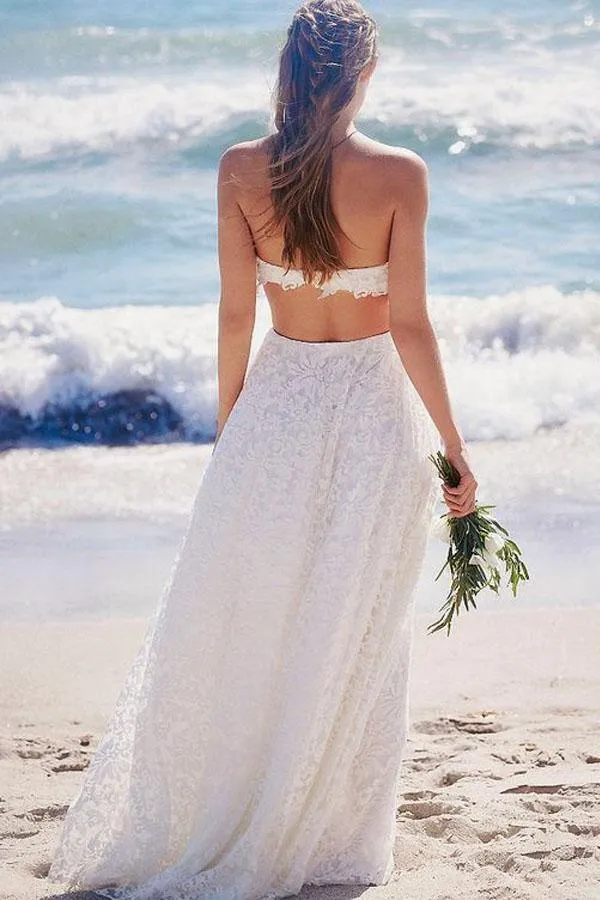 Sweetheart Strapless Lace Long Beach Wedding  Dress WD130