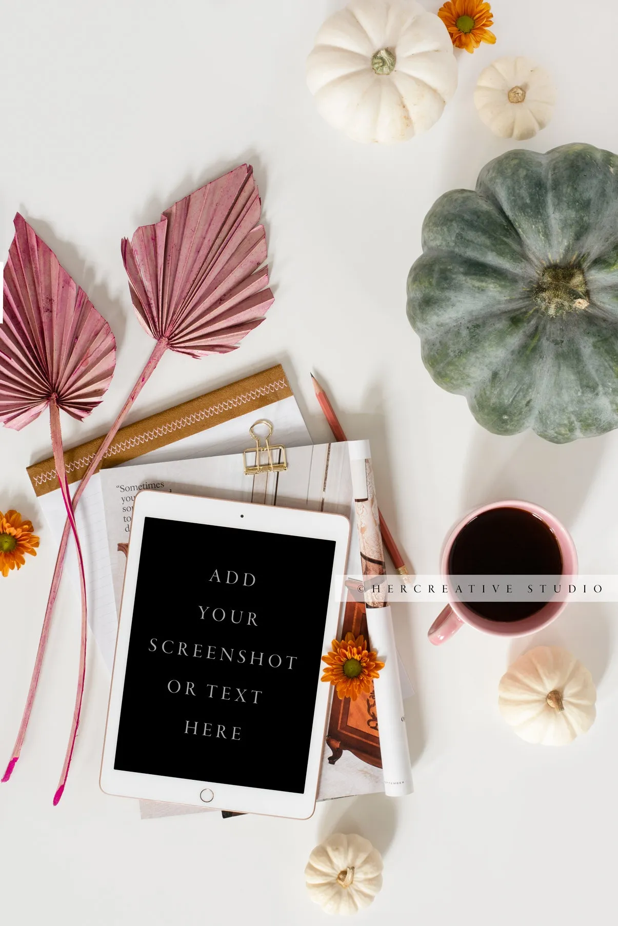Tablet, Fall Pumpkin & Coffee. Digital Stock Image.