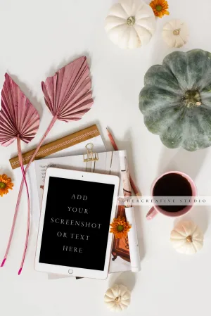 Tablet, Fall Pumpkin & Coffee. Digital Stock Image.