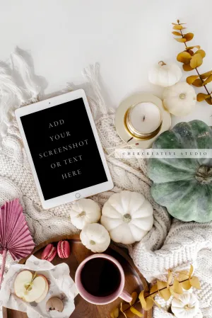 Tablet, Fall Pumpkin & Palm Leaf. Digital Stock Image.