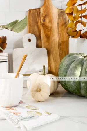 Tea & Fall Pumpkins in Kitchen. Digital Stock Image.