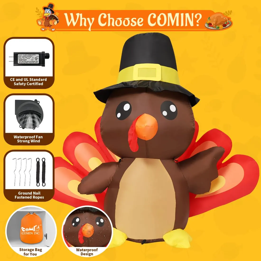 Thanksgiving Inflatables Turkey Baby in Hat with Built-in LEDs Blow Up Yard Decoration for Holiday Season Party Indoor Outdoor Garden Lawn COMIN 4FT Tall