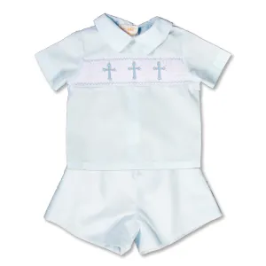 Three Crosses Light Blue Smocked Short Set