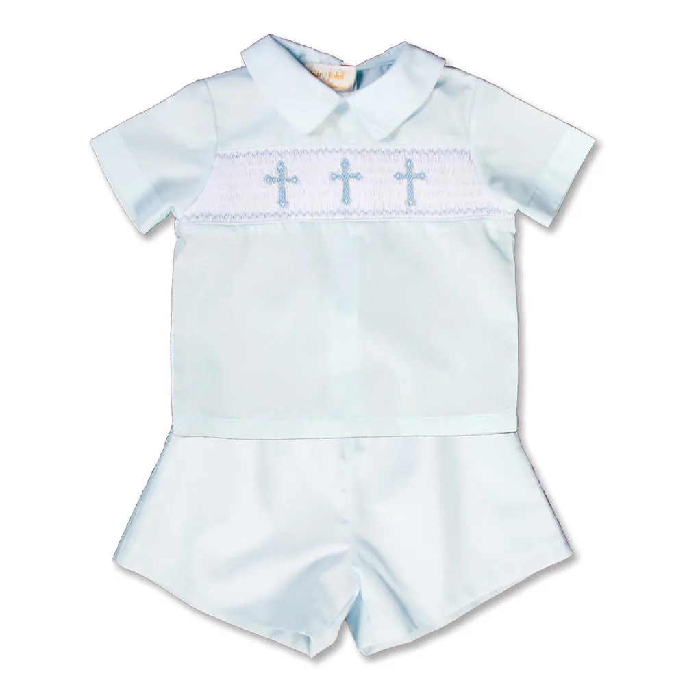 Three Crosses Light Blue Smocked Short Set