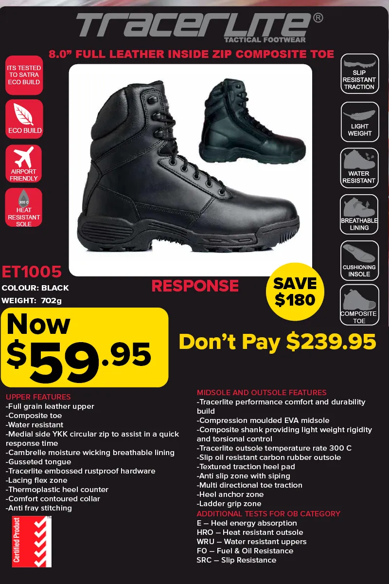 Tracerlite Men’s 8 Inch Composite Toe Full Leather Side Zip