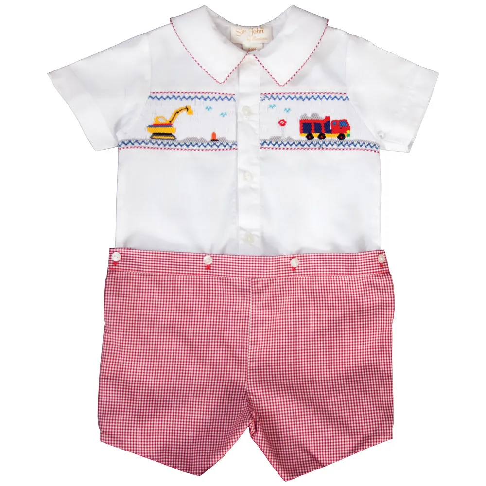 Trucks Smocked Red Gingham Button-On Short Set