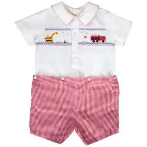 Trucks Smocked Red Gingham Button-On Short Set