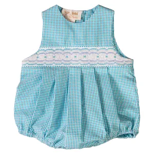 Turquoise Gingham English Smocked Seersucker Boy Bubble
