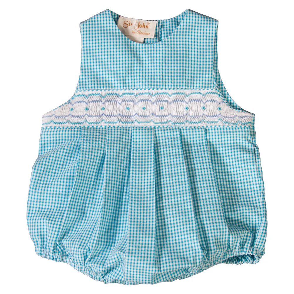Turquoise Gingham English Smocked Seersucker Boy Bubble