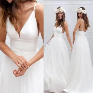 V-neck Floor-Length Wedding Bridal Dress, Simple Backless Tulle Wedding Dress