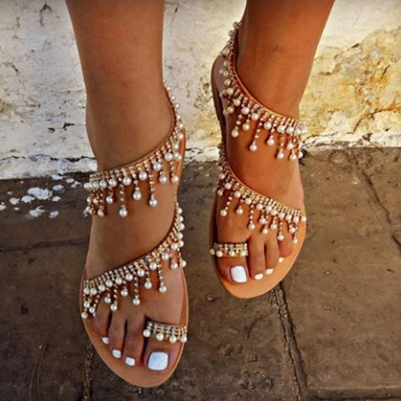Vintage Boho Sandals Women's Leather Beading Flat Sandals