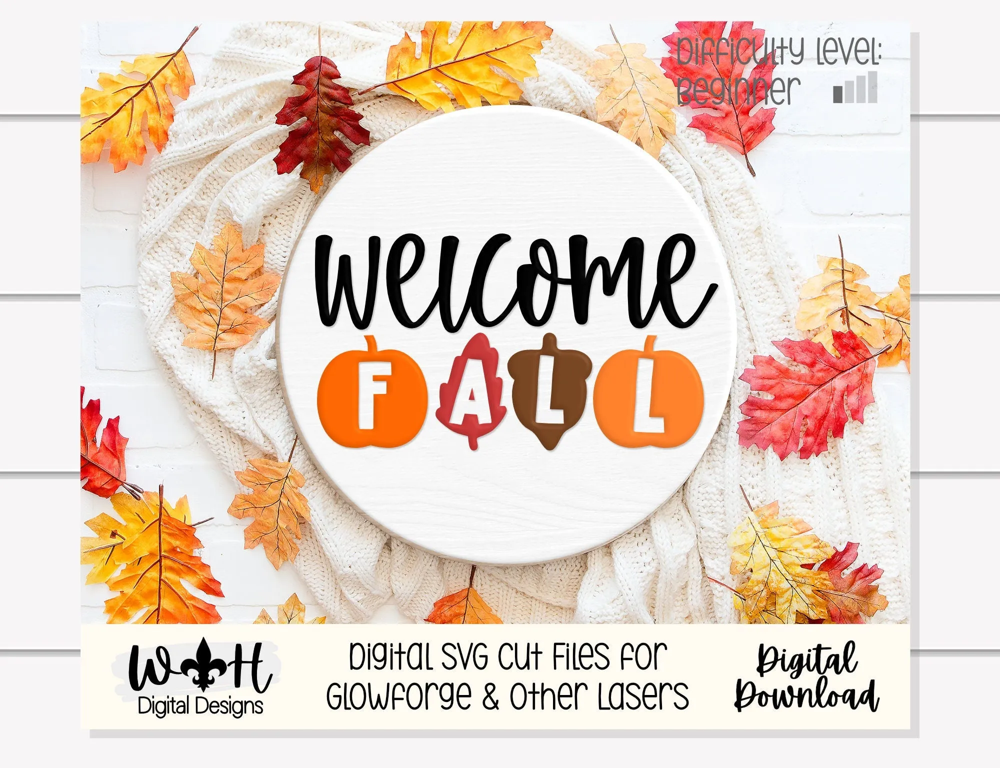 Welcome Fall In Pumpkins Door Hanger Round - Seasonal Sign Making and DIY Kits - Cut File For Glowforge Laser - Digital SVG File