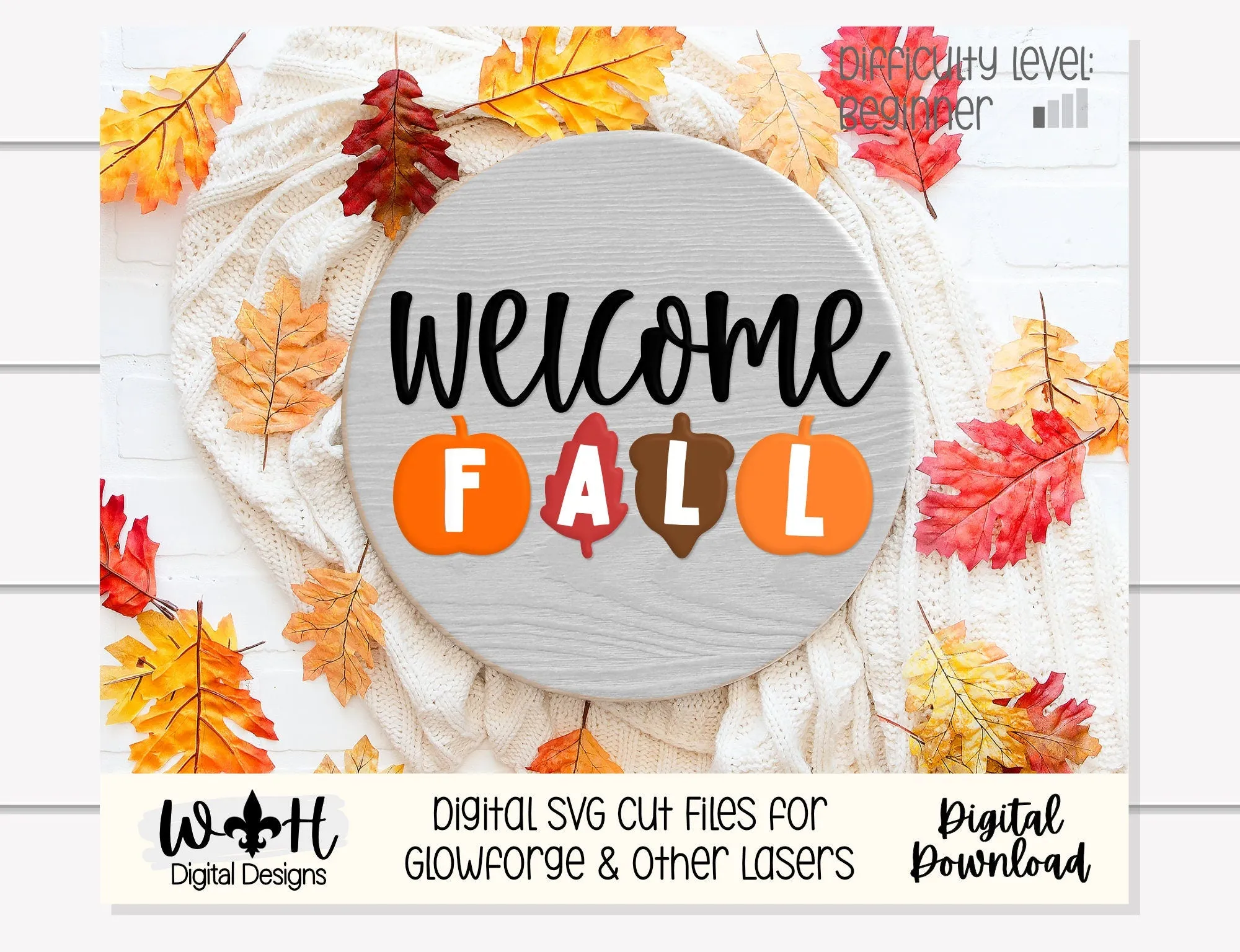 Welcome Fall In Pumpkins Door Hanger Round - Seasonal Sign Making and DIY Kits - Cut File For Glowforge Laser - Digital SVG File