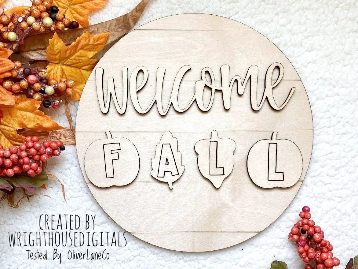 Welcome Fall In Pumpkins Door Hanger Round - Seasonal Sign Making and DIY Kits - Cut File For Glowforge Laser - Digital SVG File