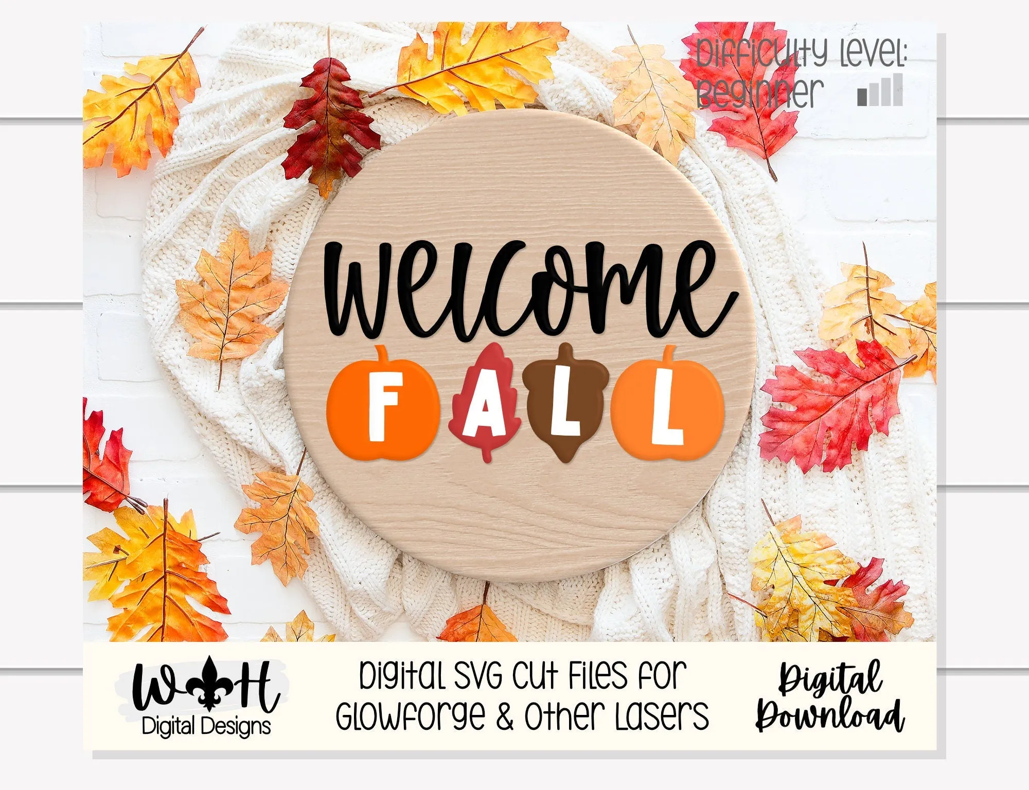Welcome Fall In Pumpkins Door Hanger Round - Seasonal Sign Making and DIY Kits - Cut File For Glowforge Laser - Digital SVG File