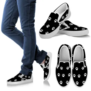 White Paw Print On Black Women's Slip-Ons