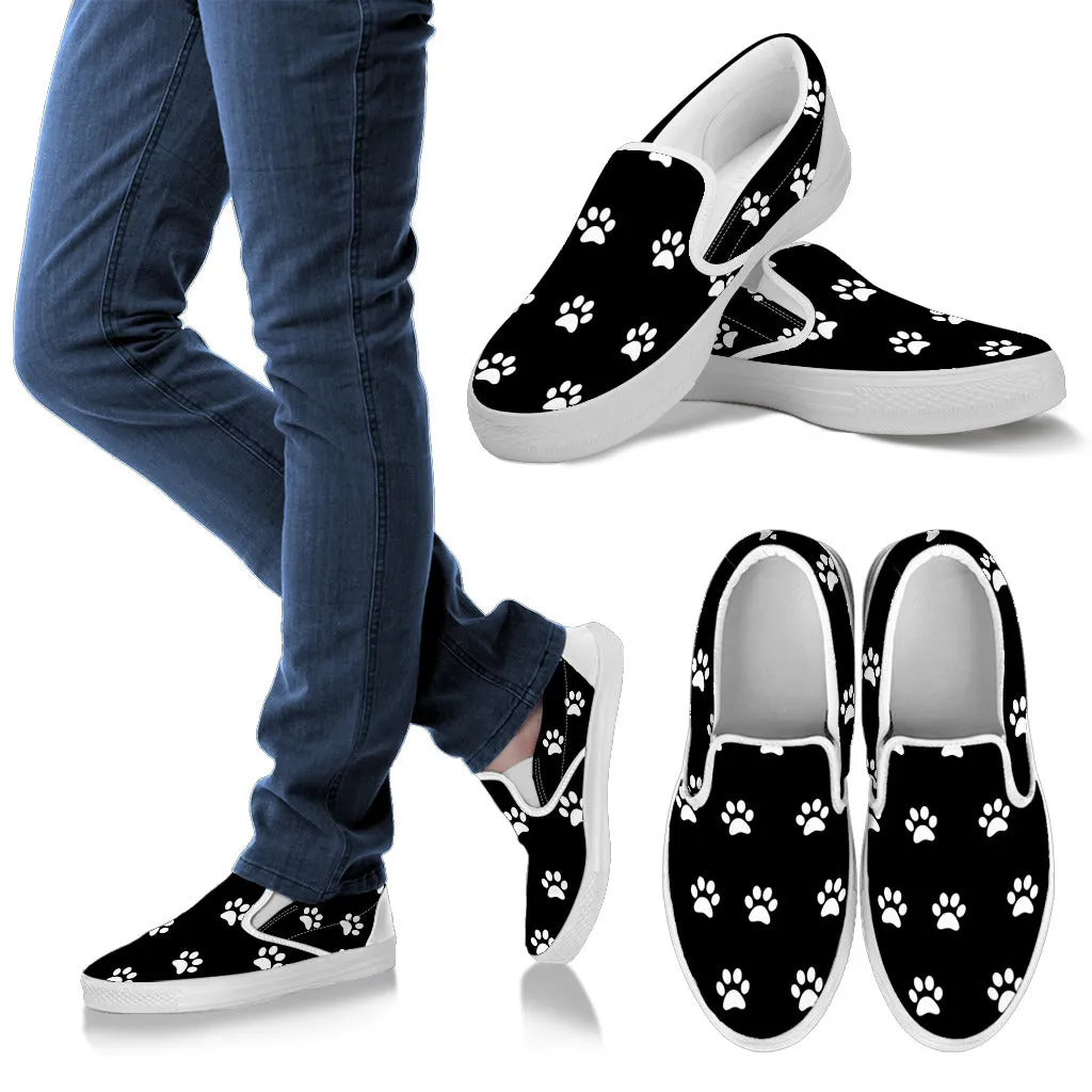 White Paw Print On Black Women's Slip-Ons