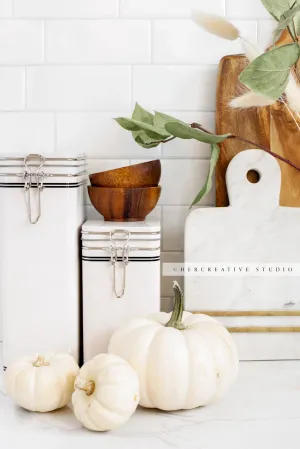 White Pumpkins in Kitchen 2. Digital Stock Image.