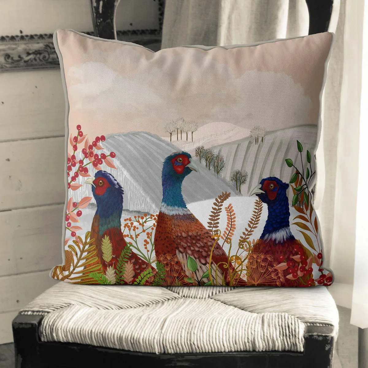 Winter Pheasants In Field, Cushion / Throw Pillow
