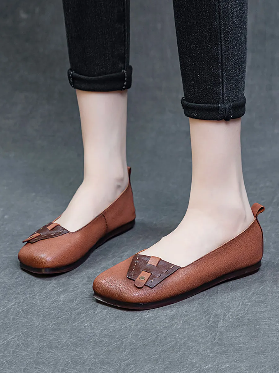 Women Summer Ethnic Colorblock Leahter Soft Flat Shoes