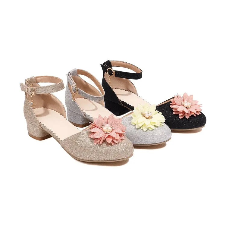 Women's Bling Bling Flora Round Toe Hollow Out Block Heel Low Heels Sandals