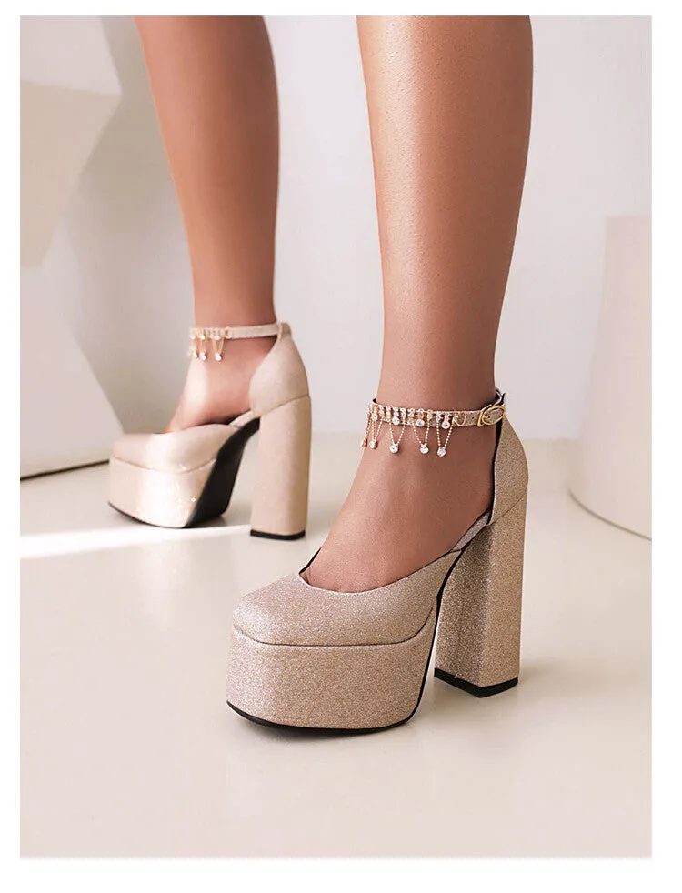 Women's Bling Bling Glossy Round Toe Ankle Strap Chains Chunky Heel High Heels Platform Sandals
