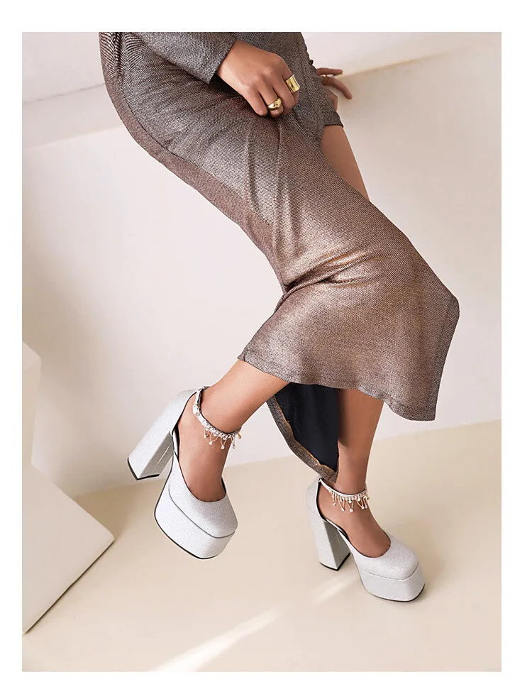 Women's Bling Bling Glossy Round Toe Ankle Strap Chains Chunky Heel High Heels Platform Sandals