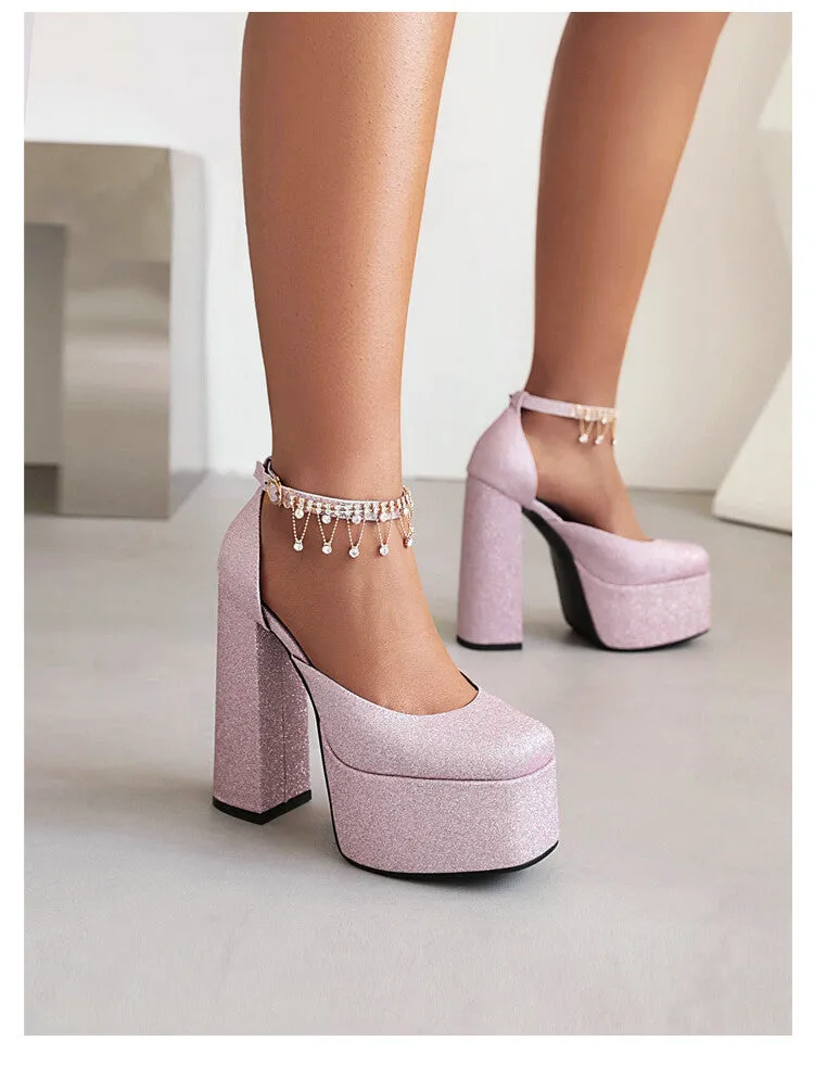 Women's Bling Bling Glossy Round Toe Ankle Strap Chains Chunky Heel High Heels Platform Sandals