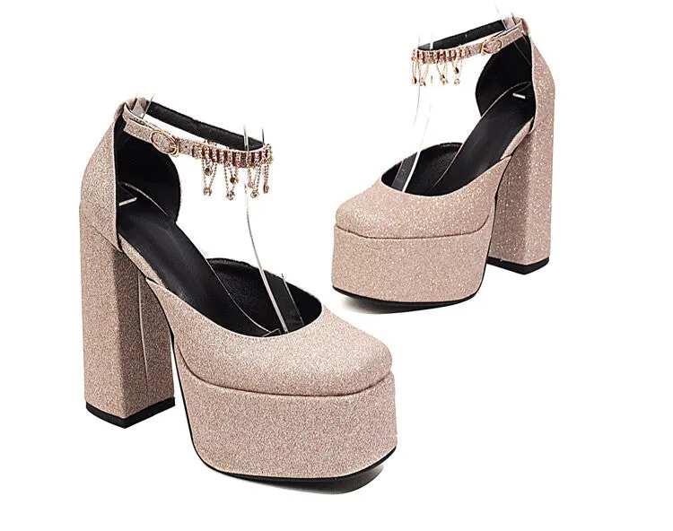 Women's Bling Bling Glossy Round Toe Ankle Strap Chains Chunky Heel High Heels Platform Sandals