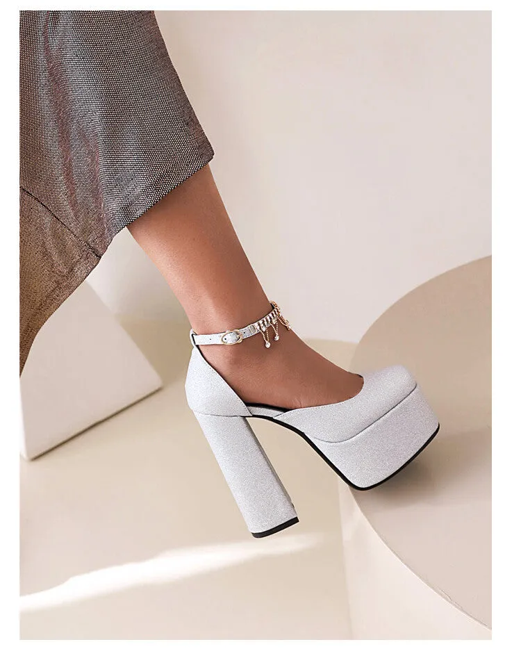 Women's Bling Bling Glossy Round Toe Ankle Strap Chains Chunky Heel High Heels Platform Sandals