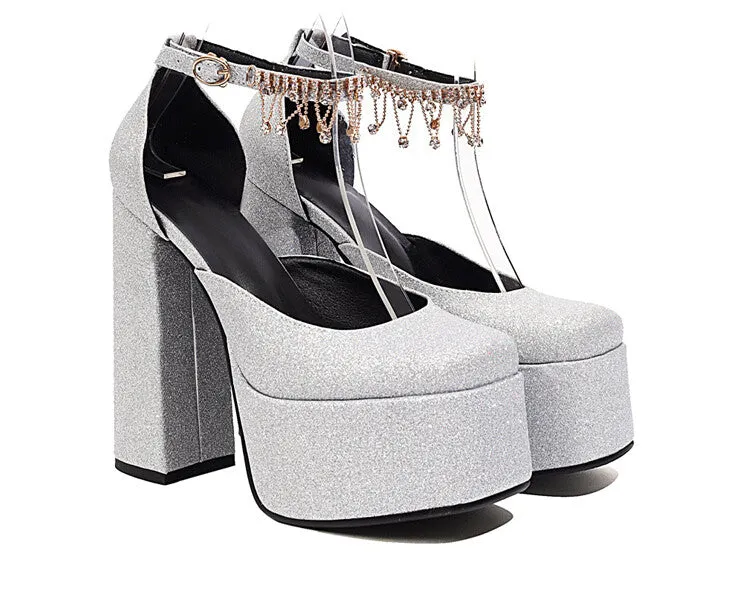 Women's Bling Bling Glossy Round Toe Ankle Strap Chains Chunky Heel High Heels Platform Sandals