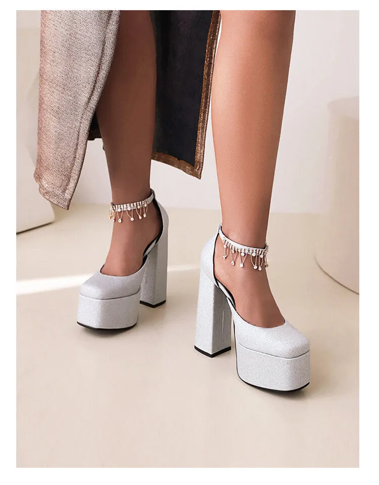 Women's Bling Bling Glossy Round Toe Ankle Strap Chains Chunky Heel High Heels Platform Sandals